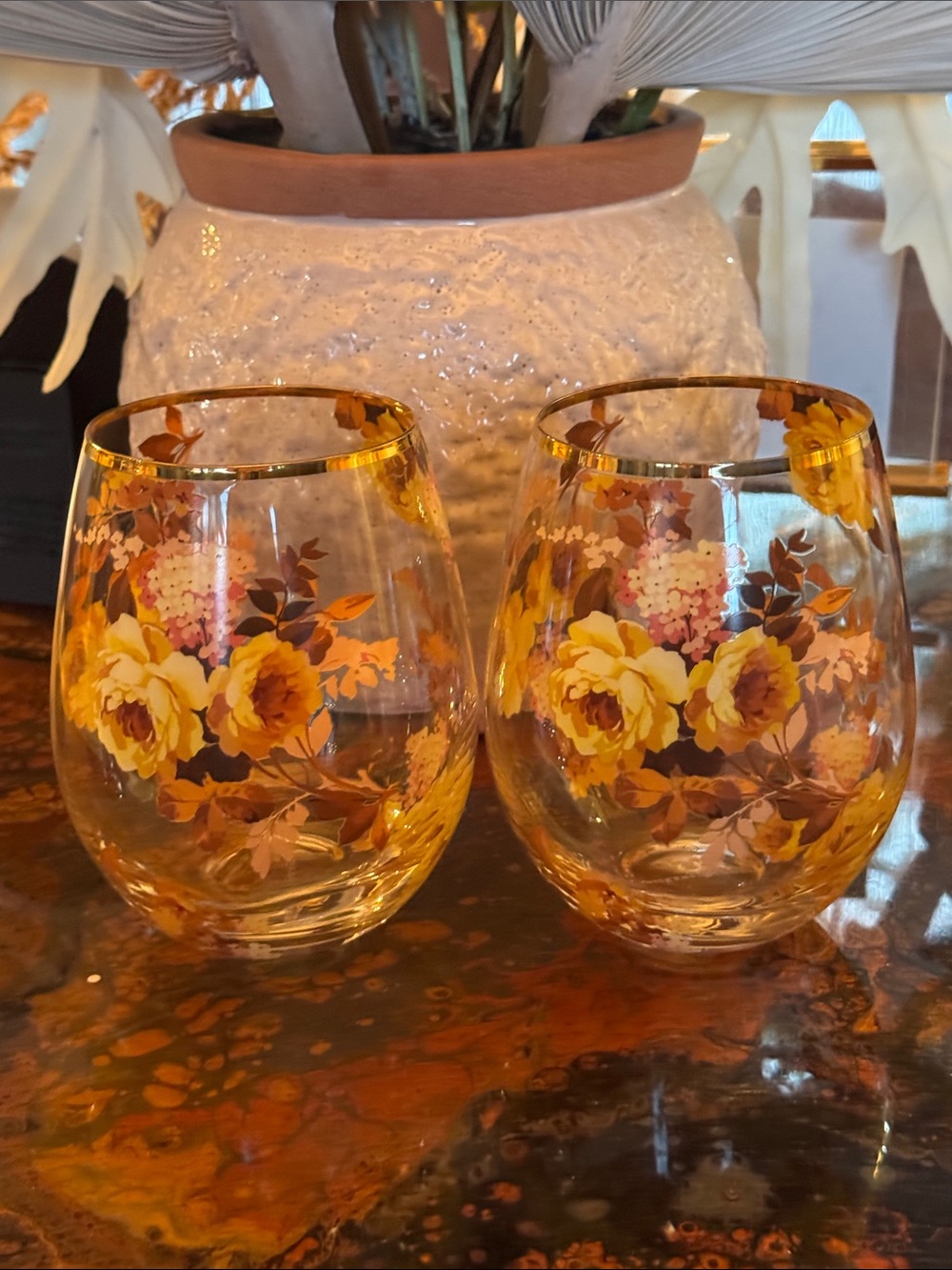 MacKenzie-Childs (2) Gold Rim Floral Stemless Wine Glasses